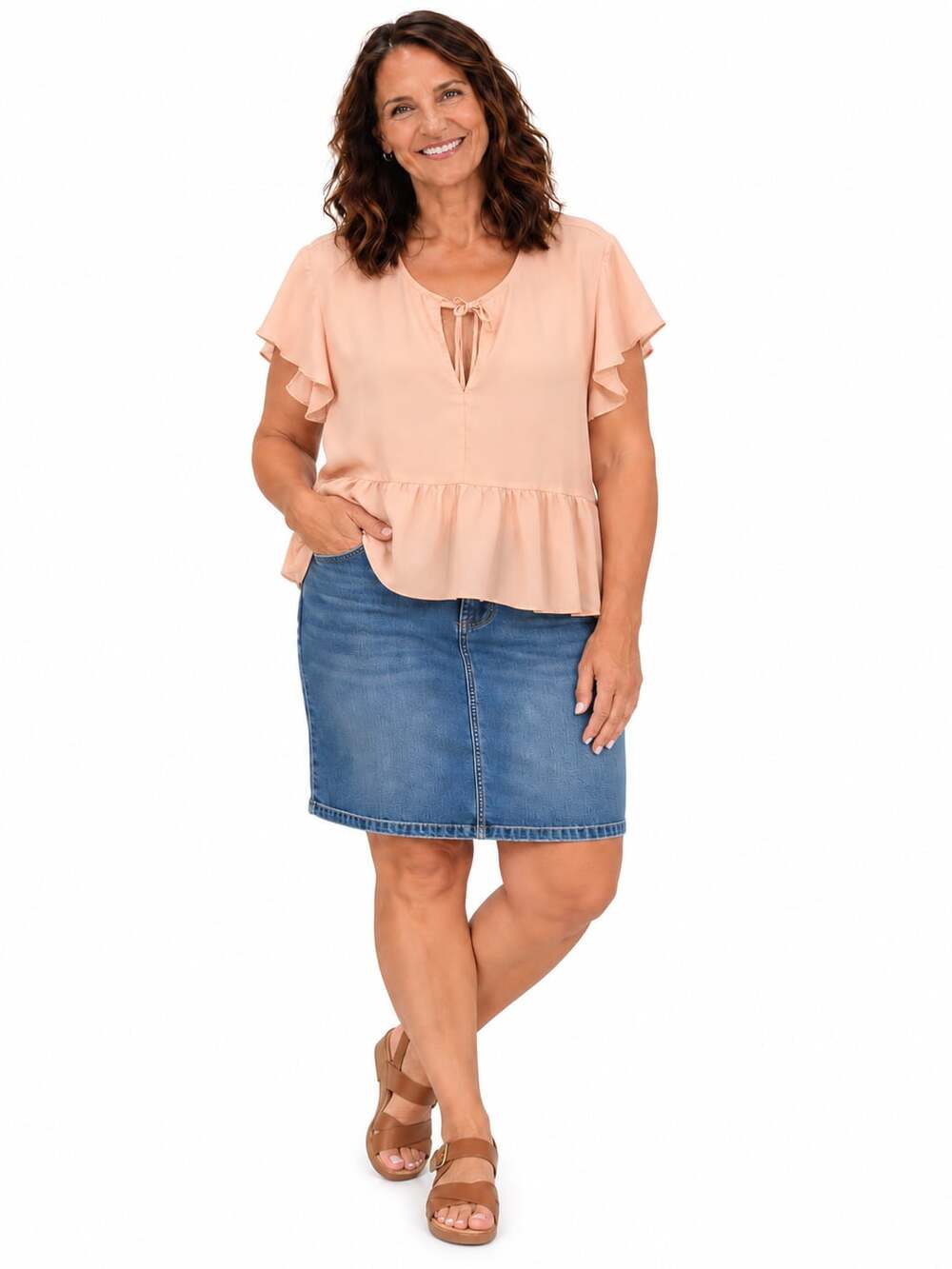 Gap Women's Peach Pink Short Sleeve Tie-Neck Ruffle Hem Blouse